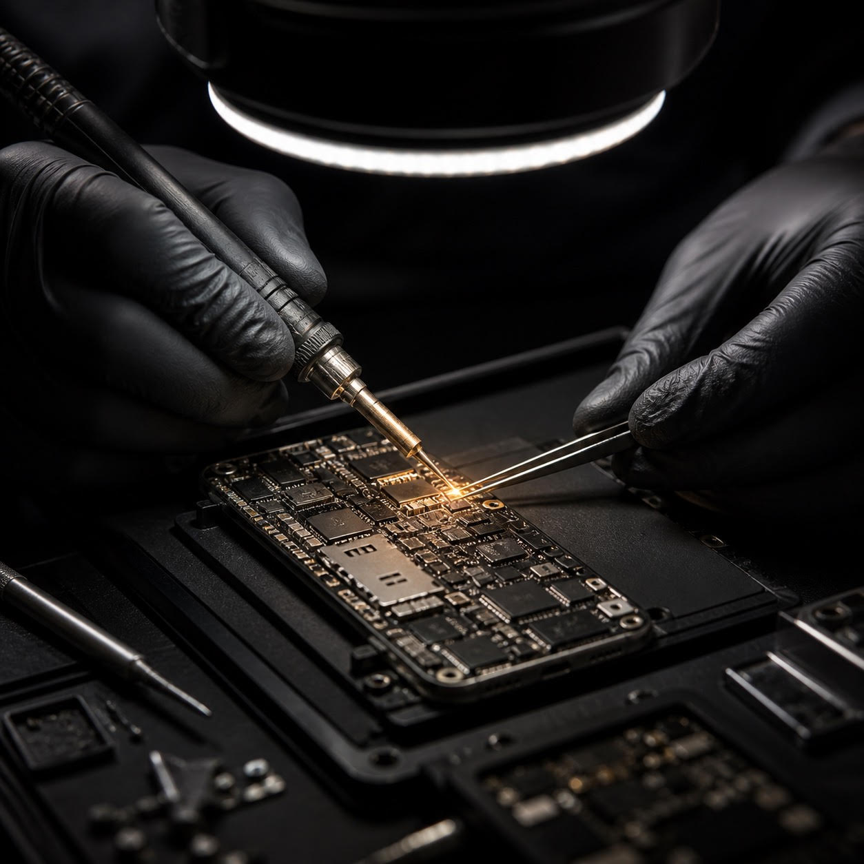 Técnico especialista en microsoldadura de iPhone reparando una placa base en Valladolid